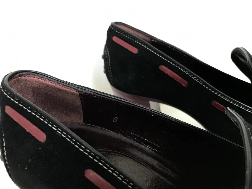Tods Suede Kiltie Tassel Loafer Pumps Black Red Block Heel 36 US 6 Made in Italy